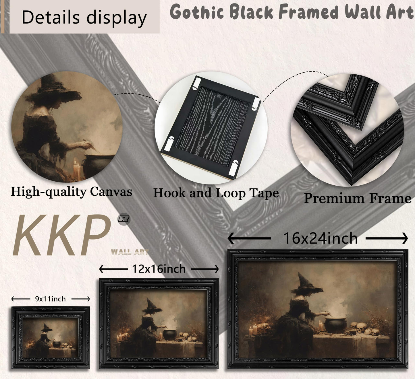 KKP Black Framed Vintage Witch Stirring Cauldron Skull Candle Wall Art