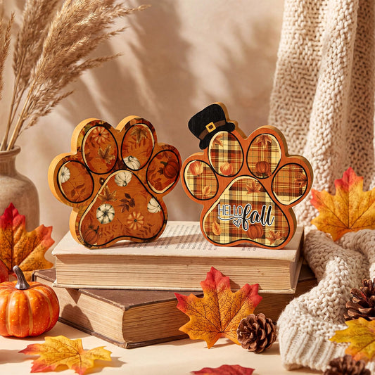Memorywuu 2 Pcs Hello Fall Table Decorations Autumn Dog Paw Print Wooden Sign Farmhouse Thanksgiving Table Centerpieces Vintage Tiered Tray Decoration Pumpkin Harvest for Home Tabletop Shelf Holiday