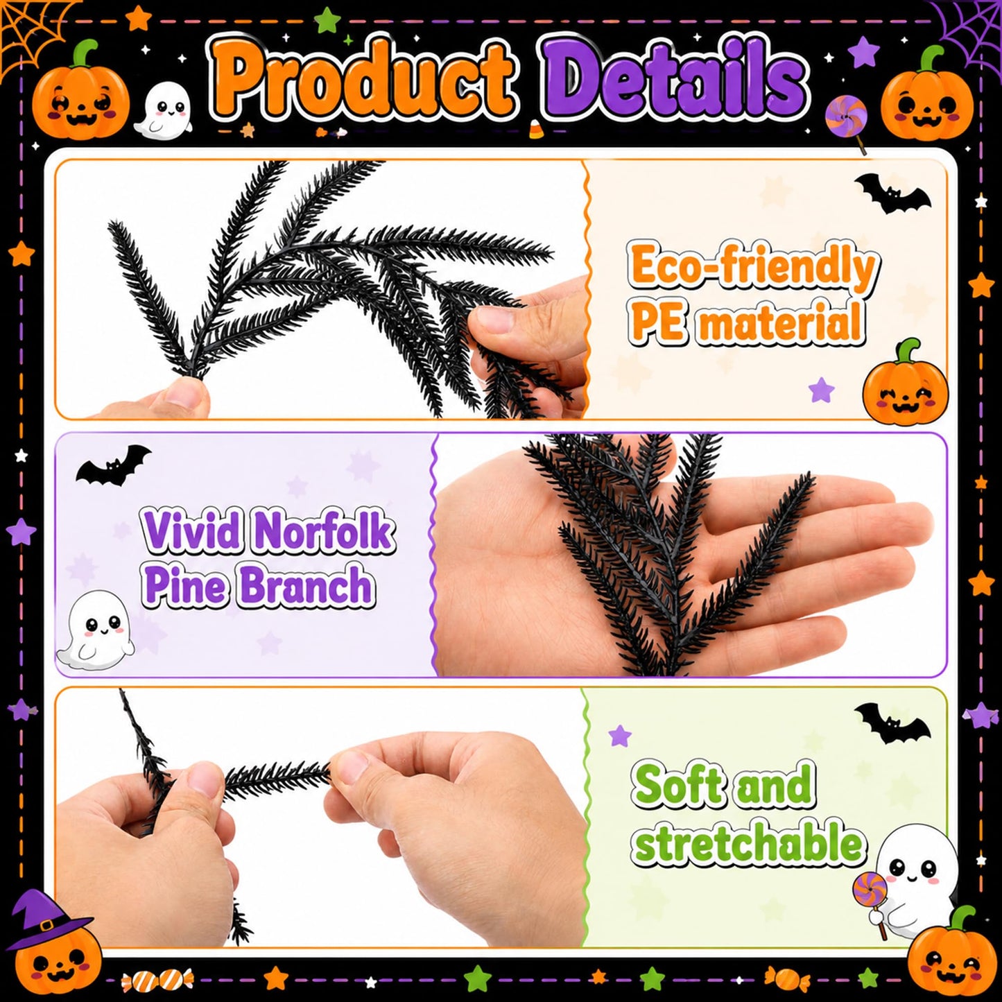 Watayo 45 Pcs Halloween Artificial Tree Branches Set, Black Norfolk Pine with Berry Picks, Halloween Fake Stems Centerpiece for Vase Garland Table Party Decor