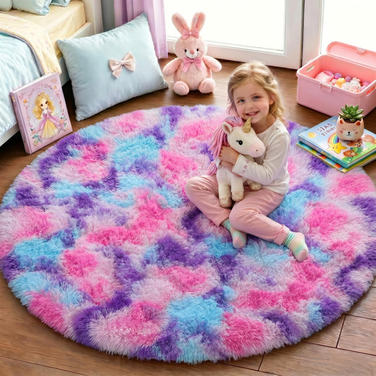 PAGISOFE Fluffy Rainbow Round Rug for Bedroom Girls, 4Ft Shag Hot Pink Kids Room Rug, Shaggy Area Rugs for Girls Room, Soft Fuzzy Colorful Playroom Nursery Dorm Carpets Room Decor Hot Pink Purple