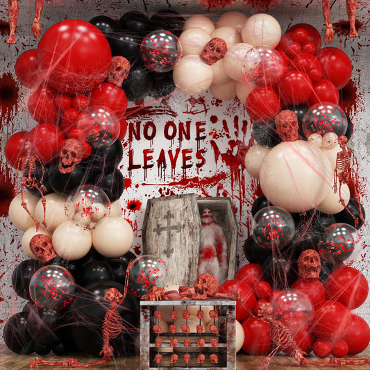 Scary Halloween Balloon Arch Garland Kit, Black Red and Apricot Horror Party Balloons with 3D Spider Decor, Clear Balloon with Blood for Halloween Spooky Zombie Horror Themed Birthday Decorations