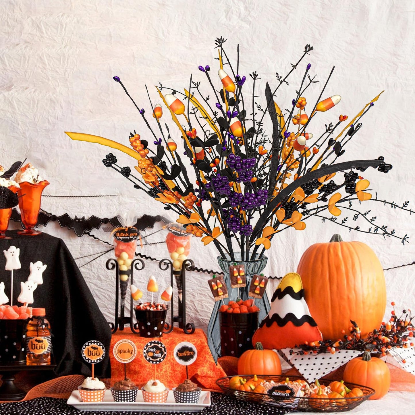 MG MagicGarden 6 Pack Artificial Halloween Floral Picks Purple Orange Black Berry Stems Halloween Tree Branches with Candy for Halloween Party Flower Arrangement Centerpieces