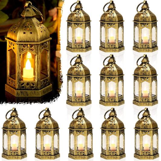 Cunhill 12 Pieces Mini Lanterns with Flickering LED Candle Vintage Decorative Hanging Candle Lanterns for Ramadan Wedding Decorations Party Table Centerpiece, Battery Included(Gold)