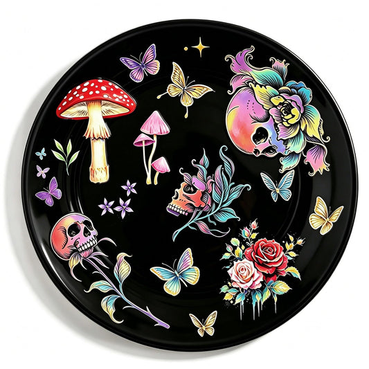 PEJXJML Gothic Ceramic Jewelry Tray Trinket Dish – Skull Mushroom Decorative Tray with Roses Butterflies, Dark Witchy Jewelry Dish for Rings Earrings Keys, Halloween Home Decor Gift, 4.1"