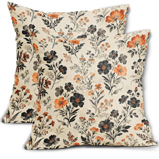 Black Orange Fall Floral Pillow Covers 18x18 Inch Set of 2 Vintage Flowers Print Autumn Halloween Decorative Throw Pillowcases Holiday Outdoor Cushion Cases Farmhouse Decor for Sofa Couch Bed