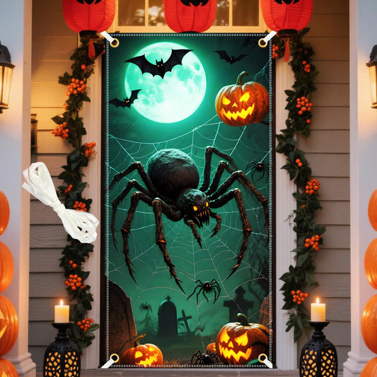 Halloween Door Cover 35x71 Inch Halloween Door Decoration Scary Giant Spider Moon Pumpkins Bats Horror Door Banner for Front Door Wall Party Home Indoor Outdoor with 19.68ft Rope
