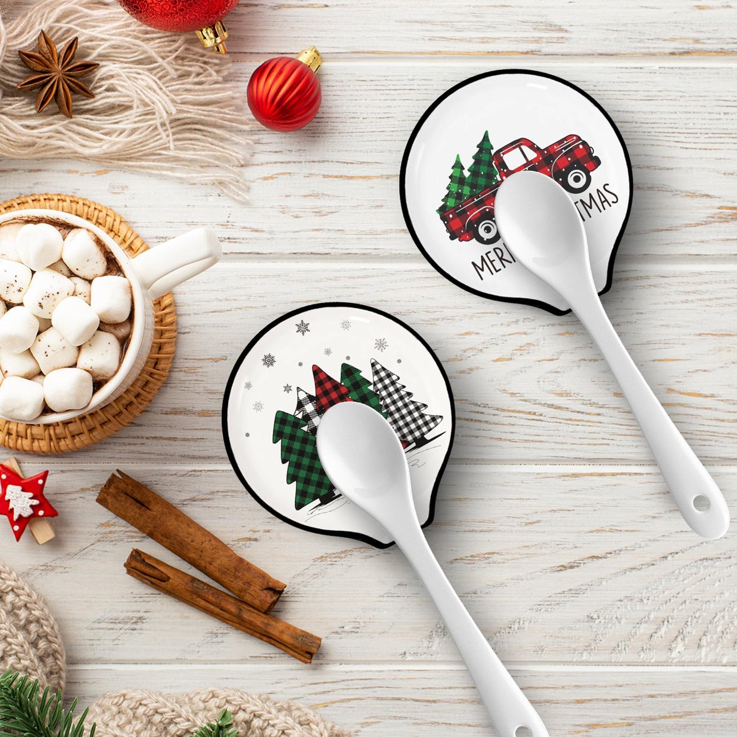 2 Pcs 3.8 Inch Christmas Spoon Rest Mini Red Green Plaid Xmas Tree Truck Small Coffee Spoon Holder For Winter Xmas Coffee Stirrers Teaspoon Bar Coffee Station Accessories