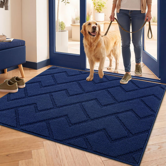 hicorfe Front Door Mat Outside Entrance,32"x40" Absorbent Muddy Dirt Resist Welcome Door Mats Outdoor Indoor,Stain and Fade Resistant,Non Slip Backing Entry Mat Doormat for Entryway(Navy Blue)