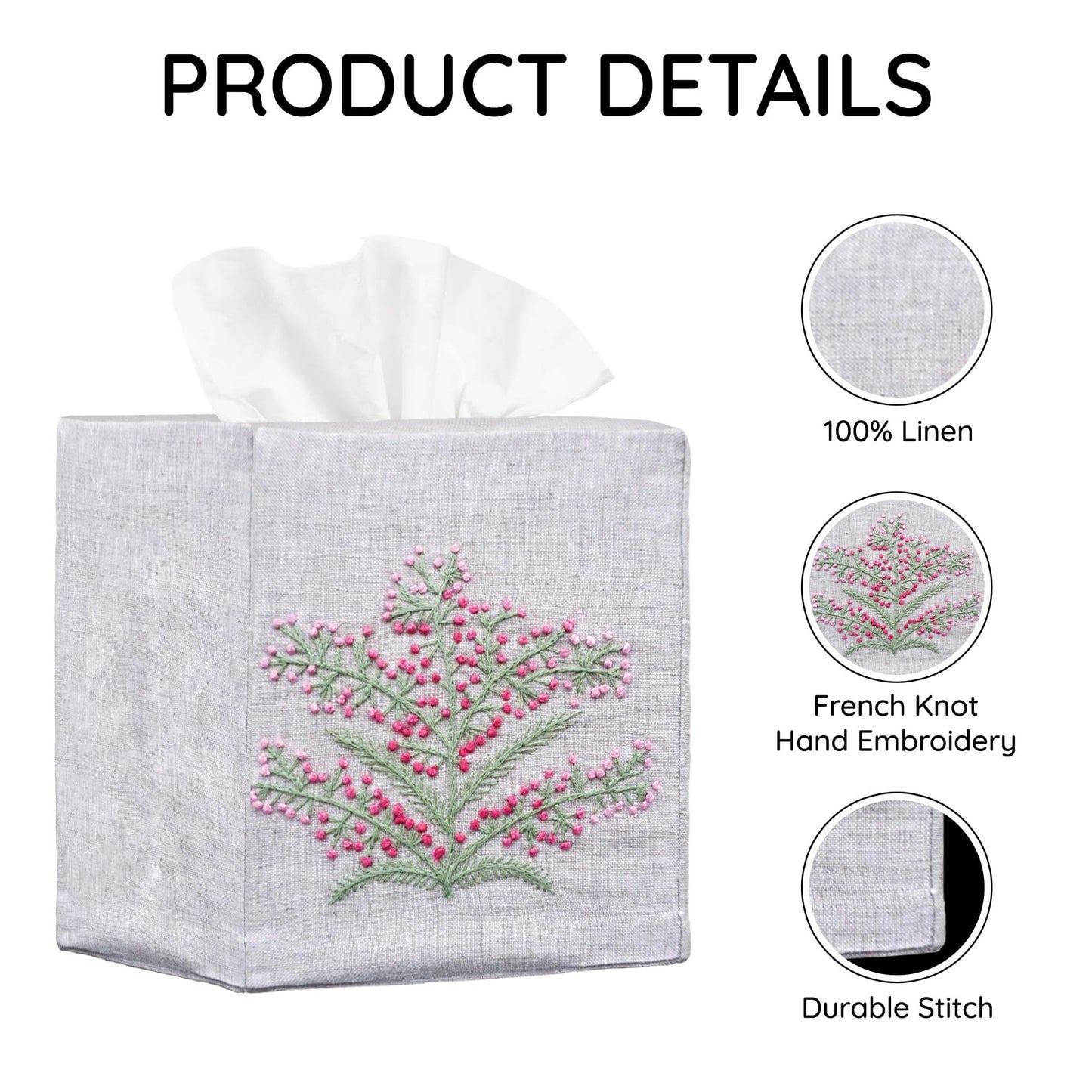 EmbroideryLinen.VN Cloth Tissue Box Cover Cute Set of 2, Square Linen Tissue Holder with French Knot Hand Embroidered Flowers Pattern, Home, Office, Kitchen Decor, 4.5x4.5x5.5 Inches (Grey)