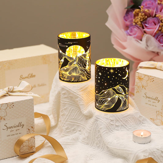Glass Tealight Candle Holder, SunGlee Votive Candle Holders with LED String Light for Wedding, Birthday, Christmas Party Centerpiece Table Decor, Handmade Candle and Gift for Woman 2Pack