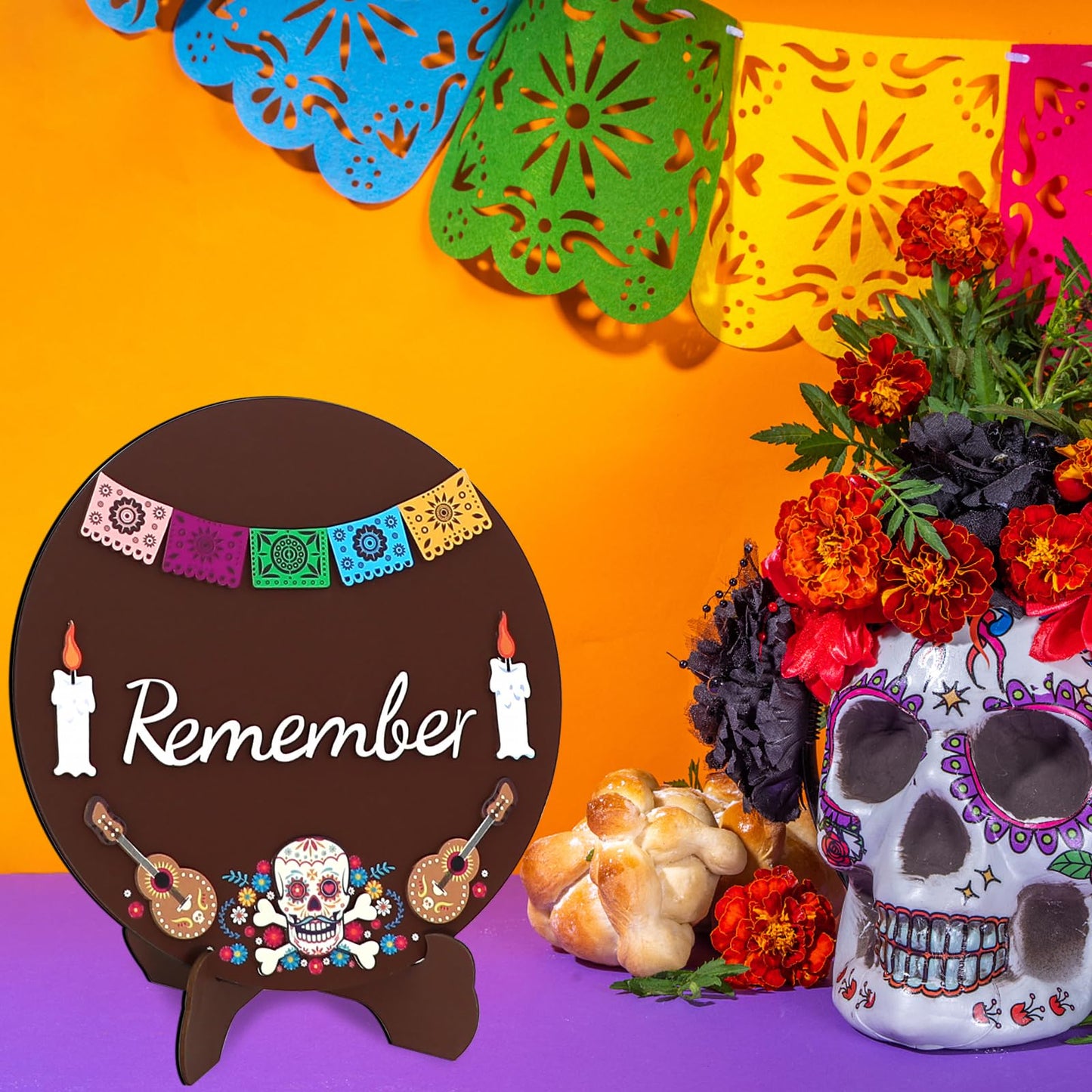 Day Of The Dead Decorations, Dia De Los Muertos Ofrenda Altar Recuerdame Wood Sign Decorations Kit with Stand, 3d Calaveras, Papel Picado Altar Supplies Decor Halloween Home Party