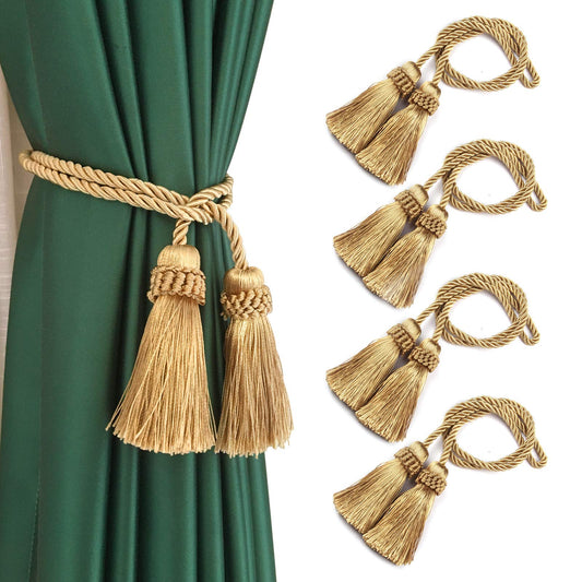 Fenghuangwu Curtain Tiebacks Handmade Decorative Curtain Holdbacks Rope with Tassel (Gold, 4P)