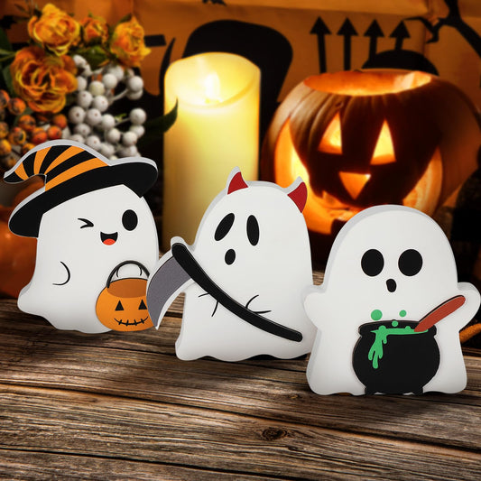 COCHIE Cute Ghost Halloween Decorations Indoor, Wooden Tiered Tray Decor Table Sign Set of 3, Black Cat Bat Witch Broom Signs Pumpkin Blocks for Party Home Shelf Display (C-Ghost)