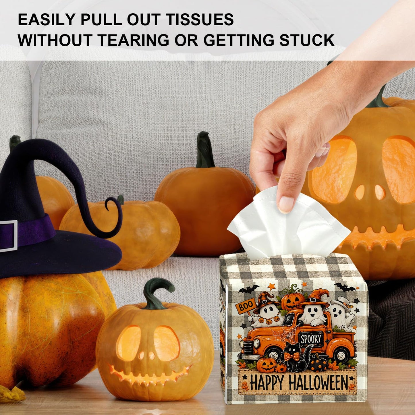 Halloween Tissue Box Cover Square, Ghost Pumpkin Decorative Tissue Box Holder Facial Paper Organizer Dispenser for Bathroom Kitchen Bedroom Countertop Nightstands, Halloween Party Decorations/001