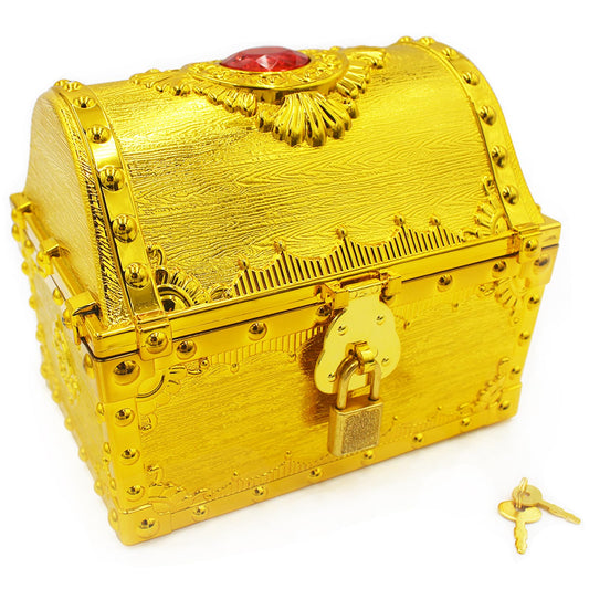 Pemalin Kids Pirate Treasure Chest Large Size Storage Box, Gem-encrusted Gold Decorative Chest with Lock and Key for Kids Birthday, Halloween, Christmas Pirate Party Favors
