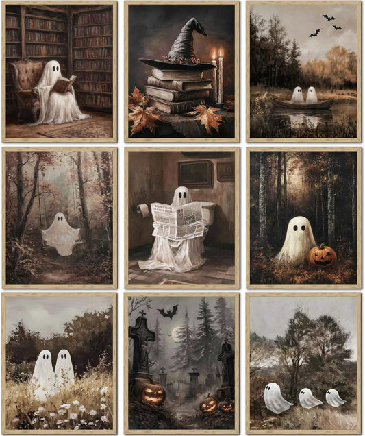 Vintage Ghost Halloween Canvas wall art Aesthetic Farmhouse paintings pictures wall decor Retro fun ghost reading book poster printing Artwork for Gallery Wall Living Room Bedroom Home decoration
