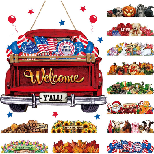 Ferraycle 13 Pcs 4th of July Interchangeable Door Sign Rustic Patriotic Truck Decor with 12 Seasonal Holiday Panels for Front Door for 250th Anniversary Independence Day(Fresh Color)