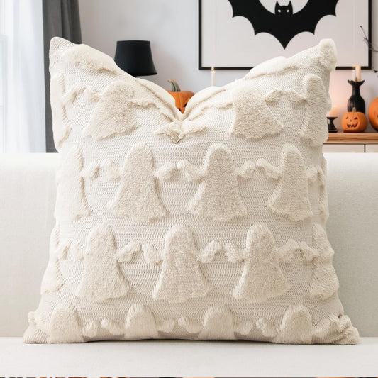 OTOSTAR Set of 1 Ghost Pillow Cover Halloween Throw Pillow Covers for Sofa Couch Bed Living Room Soft Plush Short Wool Velvet Farmhouse Pillowcase for Thanksgiving Cream Beige 24x24 Inch