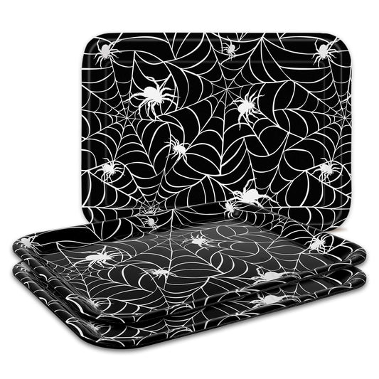 Whaline 3 Pcs Halloween Serving Trays Black White Spider Webs Reusable Melamine Trays Platters for Movie Night Birthday Holiday Party Food Supplies, 10 x 13 Inch