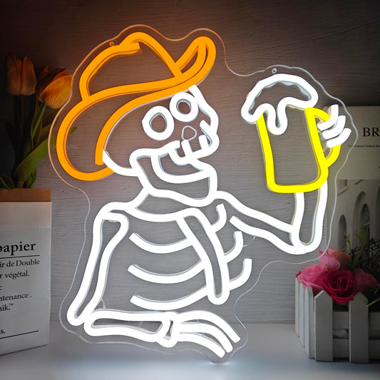 hhuohuona Cowboy Skeleton Beer Neon Sign Dimmable Western Bar Led Signs for Wall Skull Neon Sign Western Bedroom Decor Neon Lights for Man Cave Cowboy Gifts for Men