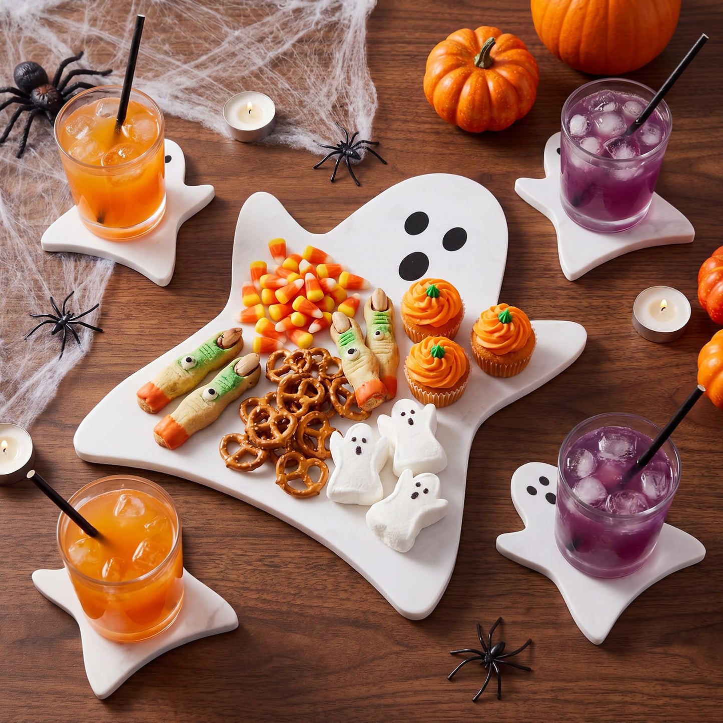 Reallnaive Halloween Ghost Marble Cheese Board with 4 Ghost Coasters Set Charcuterie Cutting Tray Halloween Marble Serving Decorative for Decoration Charcuterie Kitchen