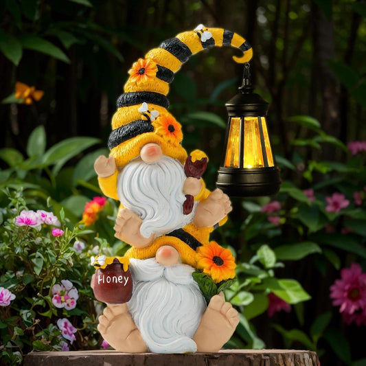 QZZP Solar Bee Garden Gnomes with LED Lantern – Waterproof Stacked Outdoor Decor for Yard, Patio – Unique Gnome Gift for Women, Mom, Grandma (Weatherproof Resin, Outdoor Statues)