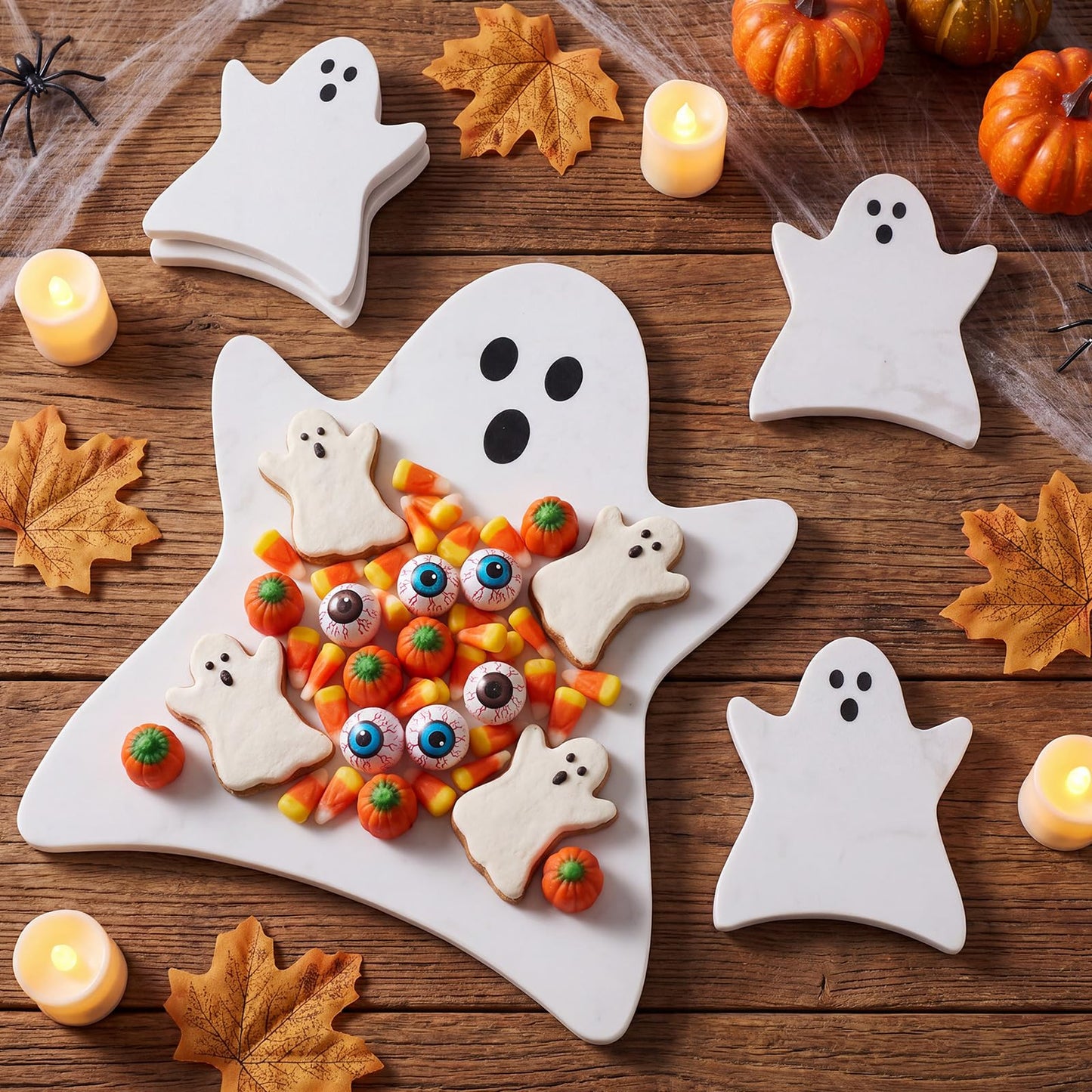 Reallnaive Halloween Ghost Marble Cheese Board with 4 Ghost Coasters Set Charcuterie Cutting Tray Halloween Marble Serving Decorative for Decoration Charcuterie Kitchen