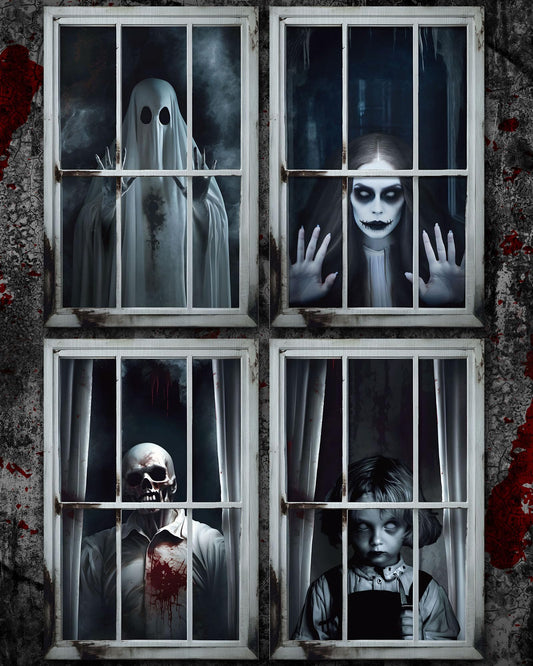 Patelai 4 Pcs Scary Halloween Ghost Curtain Halloween Window Silhouette Decoration Horror Window Door Cover Spooky Poster Screen for Indoor Outdoor Party Decor(Spooky Ghost)