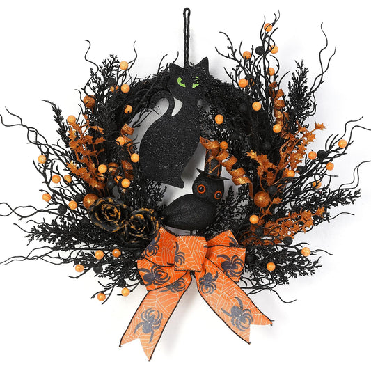 22 in Artificial Halloween Wreaths for Front Door, Black Orange Halloween Door Wreath Fall Wreath with Black Cat Owl Rose Ornaments Decor for Porch Window Home Party Decor