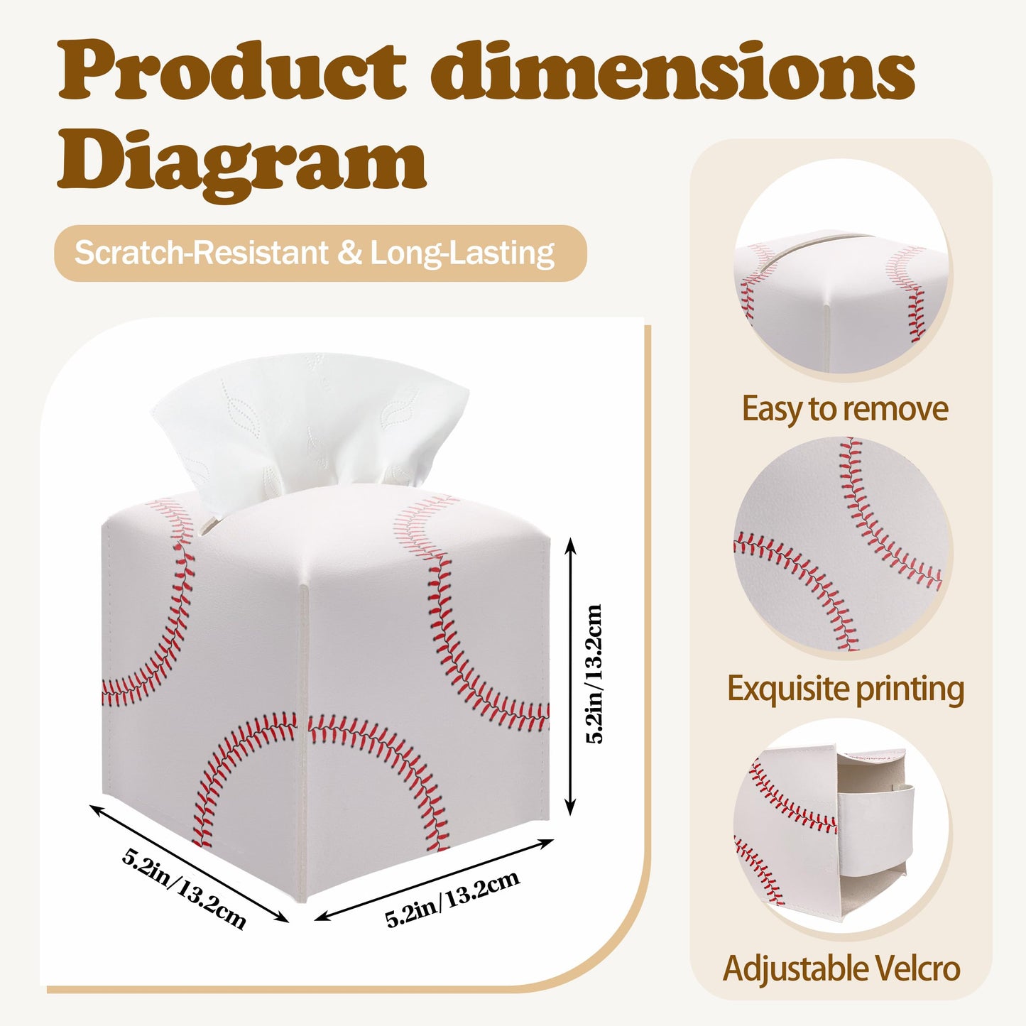Baseball Tissue Box Cover, PU Leather Square Leather Tissue Box Cover, Decorative acial Paper Organizer for Bathroom, Home Office Car Decorations