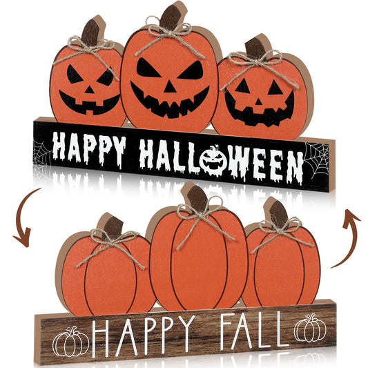 Purpeak Reversible Fall Wooden Table Sign Double Side Halloween and Thanksgiving Tabletop Pumpkin Sign Decor Happy Fall Wood Block Tiered Tray Decor for the Home Shelf Party