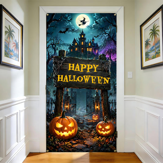 NYZE Happy Halloween Front Door Cover Banner, 35.4 x 70.8 Inch Pumpkin Vertical Hanging Door Backdrop, Indoor Outdoor Halloween Party Photography Decorations