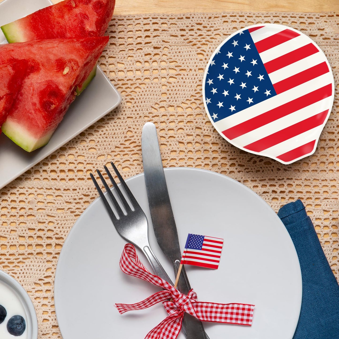 Whaline 4.7inch Patriotic Spoon Rest American Flag Star Stripe Small Coffee Spoon Holder for 250th Anniversary 4th of July Independence Day Coffee Stirrers Teaspoon Bar Coffee Station Accessories