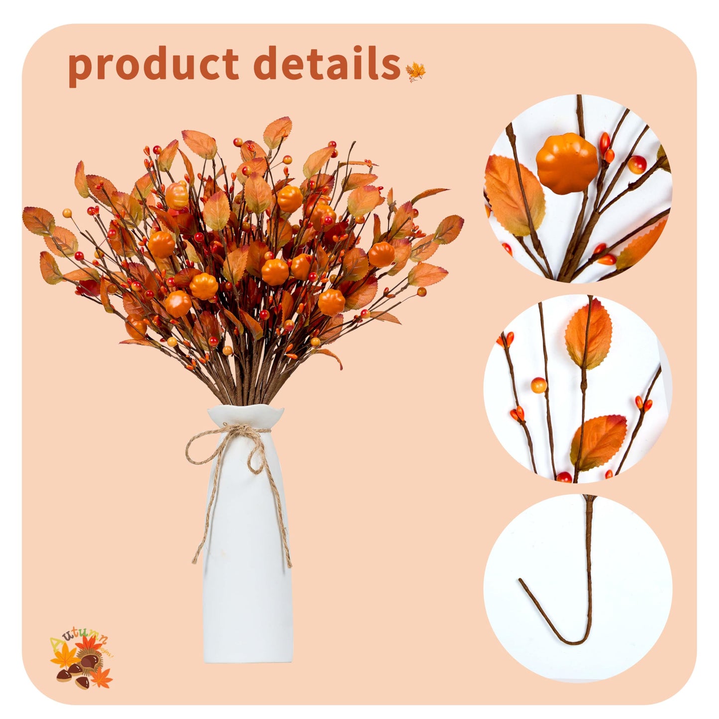 WSTPUPU Artificial Fall Picks 12PCS Fall Berry Stems 17inch Autumn Pumpkin Picks with Berry Pumpkin for Vases Centerpieces Autumn Harvest Festival and Thanksgiving Day