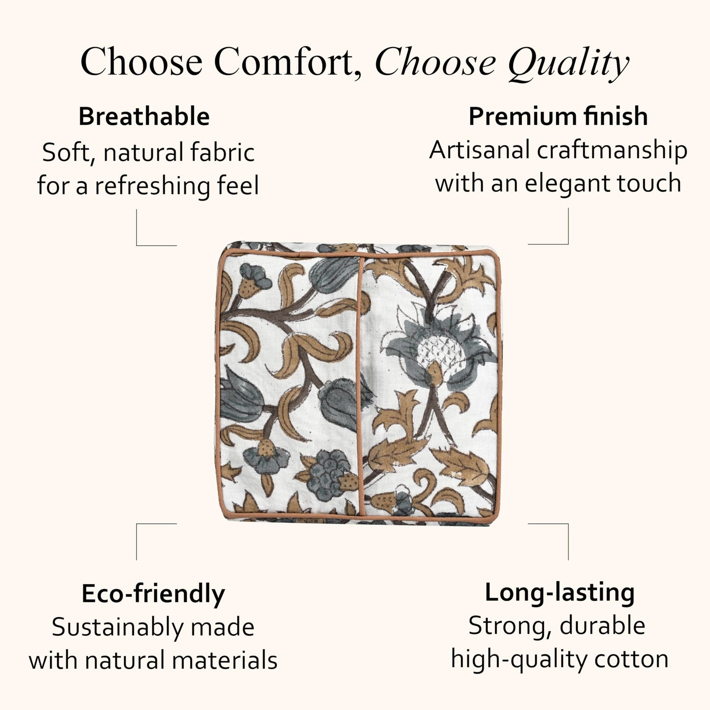 CPC Autumn Vine Hand Block Print Cotton Ruffle Tissue Box Cover 4.5"x4.5"x5"Inch, Square Decorative Tissue Holder Cover for Bathroom, Living Room, Bedroom, Home Décor, Vanity, Car Gift for Summer