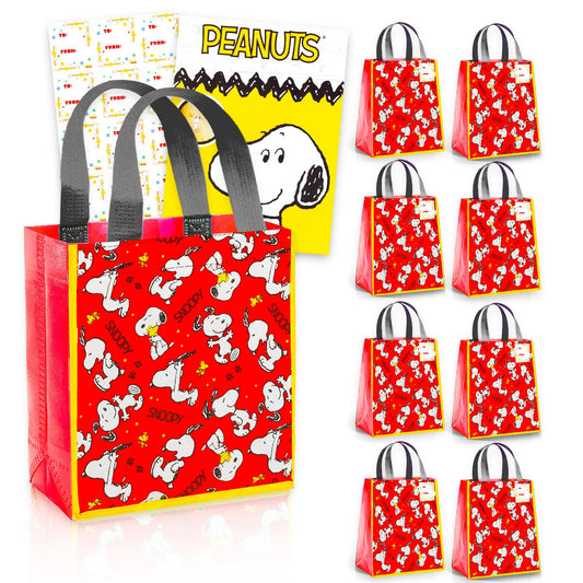 Snoopy Party Favor Bag Set - Bundle with 8 Peanuts Reusable Totes, Stickers and Tattoos | Snoopy Birthday Party Supplies for Kids, Boys, Girls