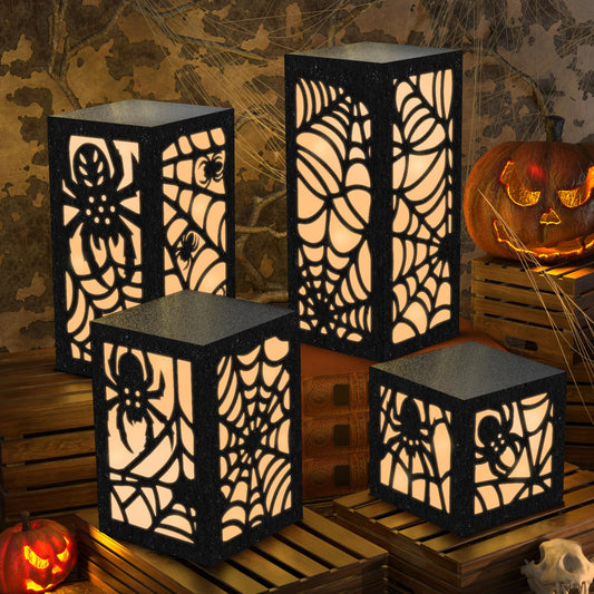 OuMuaMua 4 Pcs Halloween Party Decorations Indoor Halloween Table Centerpieces Boxes, Light up Spider Web Paper Lanterns with Led Lights for Spooky Party Supplies Home Decor