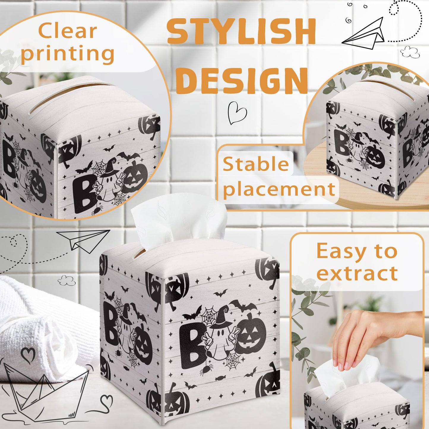 Boo Halloween Tissue Box Holder, Black Spooky Pumpkin Leather Tissue Box Cover Square, Horror Facial Paper Organizer Dispenser Toilet Paper Holder for Bathroom Kitchen Office Home Decor-A11