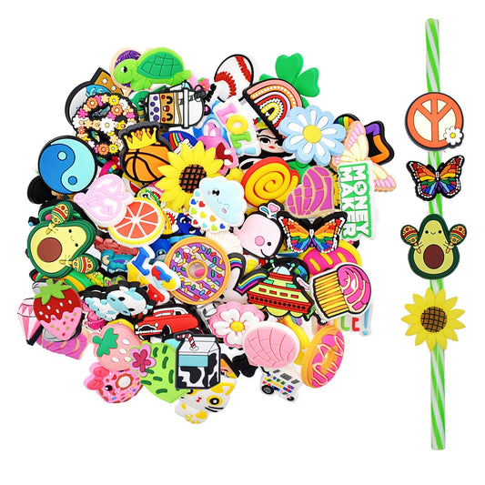 Gibleitz Bulk Straw Topper Random Different 100Pack Straw Charms for Tumbler Straws Cute Colorful PVC Decorative Straw Toppers for 0.23in-0.31inch Reusable Straws Party Favor