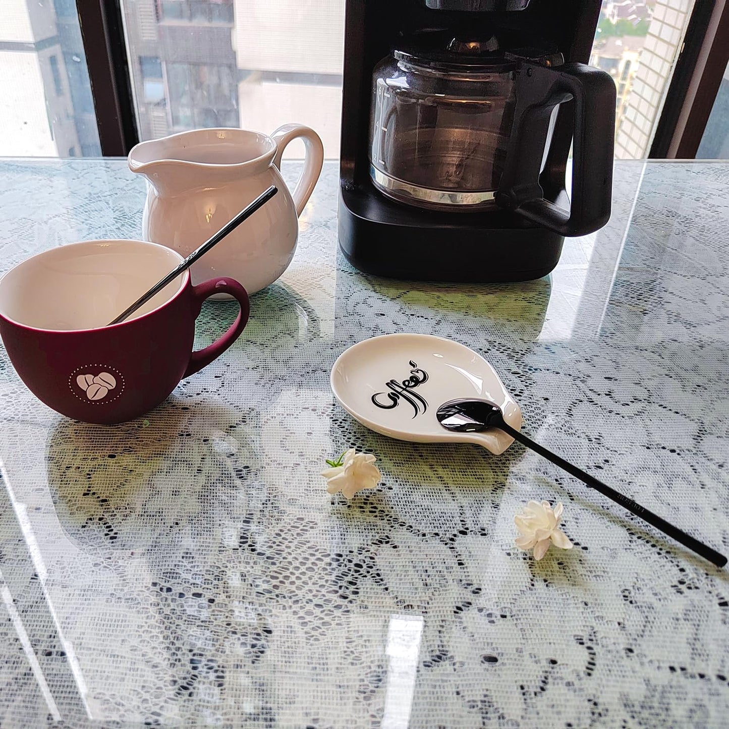 Coffee Spoon Rest, Small Ceramic Coffee Spoon Holder, Porcelain Spoon Holder, Ceramic Spoon Rest for Tablespoon,Teaspoon,Bar Spoon,Coffee Bar Accessories (Spoon Rest+Black Spoon)