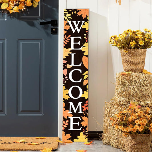 Fall Welcome Sign for Front Porch Standing, Autumn Wooden Porch Sign with Maple Leaves for Front Door Decorations, Farmhouse Vertical Hanging Signs Welcome Sign for Thanksgiving Home Decor 47.2"H