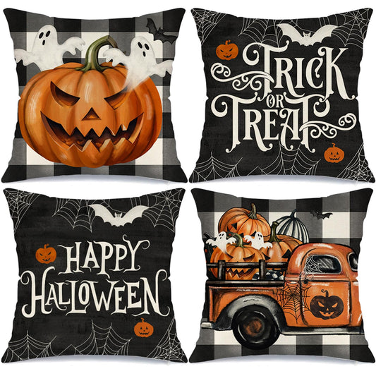 MODOVOS Halloween Pillow Covers 18x18 Set of 4 Buffalo Plaid Spooky Ghost Pumpkin Truck Halloween Decorations Trick or Treat Throw Pillow Covers Spider Web Bat Cushion Case for Sofa Couch