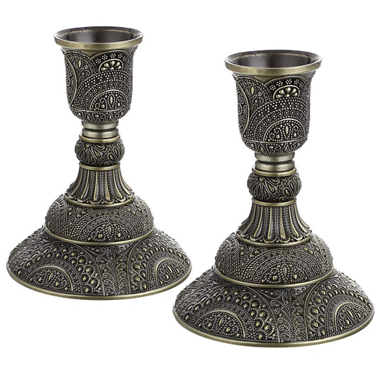 OwnMy Set of 2 Taper Candle Holders Vintage Metal Pillar Candlestick Holders 4”H, Elegant Brass Candle Stick Holders Decorative Candelabra Set for Dining Table Centerpieces Wedding, Antique Bronze