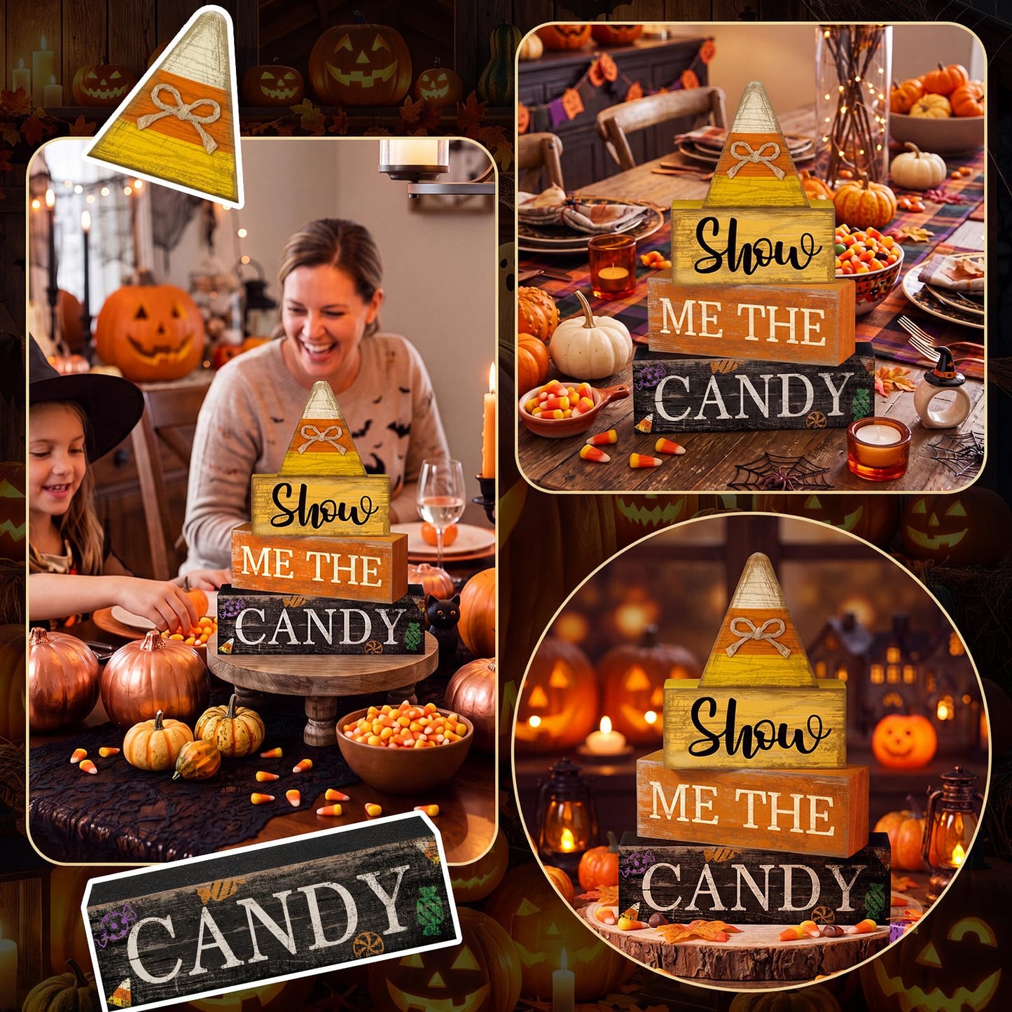 Lineshading 4 Pcs Halloween Table Decoration Candy Corn Wooden Stacked Block, "Show Me the Candy" Signs with Candys Corn Topper, Halloween Tiered Tray Decor Rustic Fall Decor for Home Office Kitchen