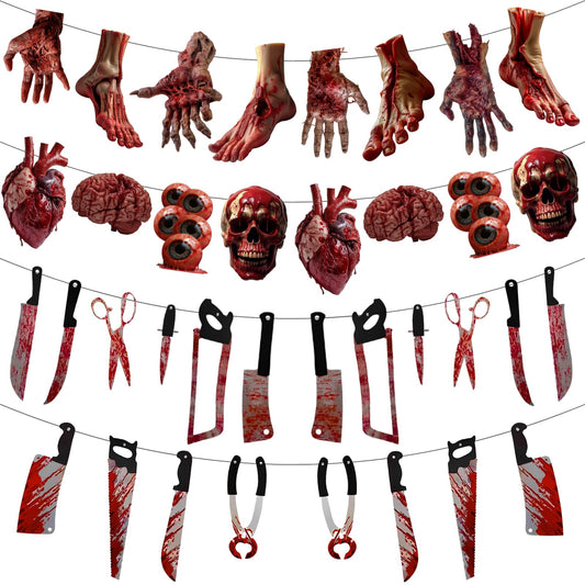 Scary Halloween Banner Decorations – 4-Pack Horror Birthday & Party Decor Set for Indoor or Outdoor – Creepy Garland for Haunted House, Halloween Birthday Party & Spooky Horror Decor
