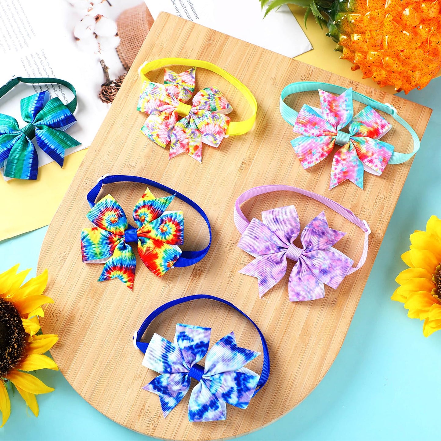 Talltalk 40 Pcs Tie Dye Dog Bow Ties Collar Bows Summer for Dogs Puppy Bowties with Plastic Buckle Adjustable Grooming Collar Ties Accessories for Small Medium Cat Pet Holiday Costume