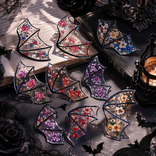 Fuyoooo 48 Pcs Clear Gothic Bookmark Floral Flower Patterned Bat Dragon Bookmarks Goth Gothic Dark Academia PVC Vintage Flower Book Markers Halloween Book Lover Reader Gift