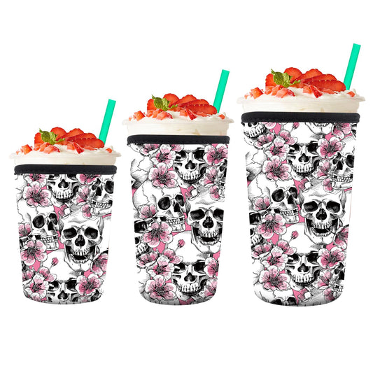 AMZXCFGL 3 Pack Reusable Neoprene Insulator Sleeve for Iced Coffee Cups, Cute Funny Coffee Cup Sleeve, Universal Fit 16-32oz Cups for Hot Cold Beverages Cute Floral Skull