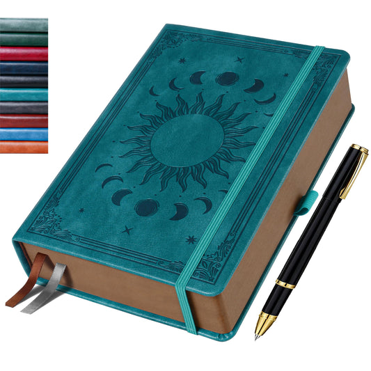 HwxBen Journal Notebook for Women/Men, Daily for Classic Lined Writing,360 Pages Leather Hardcover with Vintage Sun & Moon Design, SeaGreen, A5 (14.5 x 21 cm)