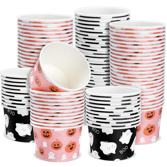 Jingmore 100 Pcs 8 oz Halloween Treat Snack Cups Pink Ghost Pumpkin Disposable Bowls Boo Halloween Paper Bowl for Sundae Frozen Yogurt Soup Birthday Party Supplies